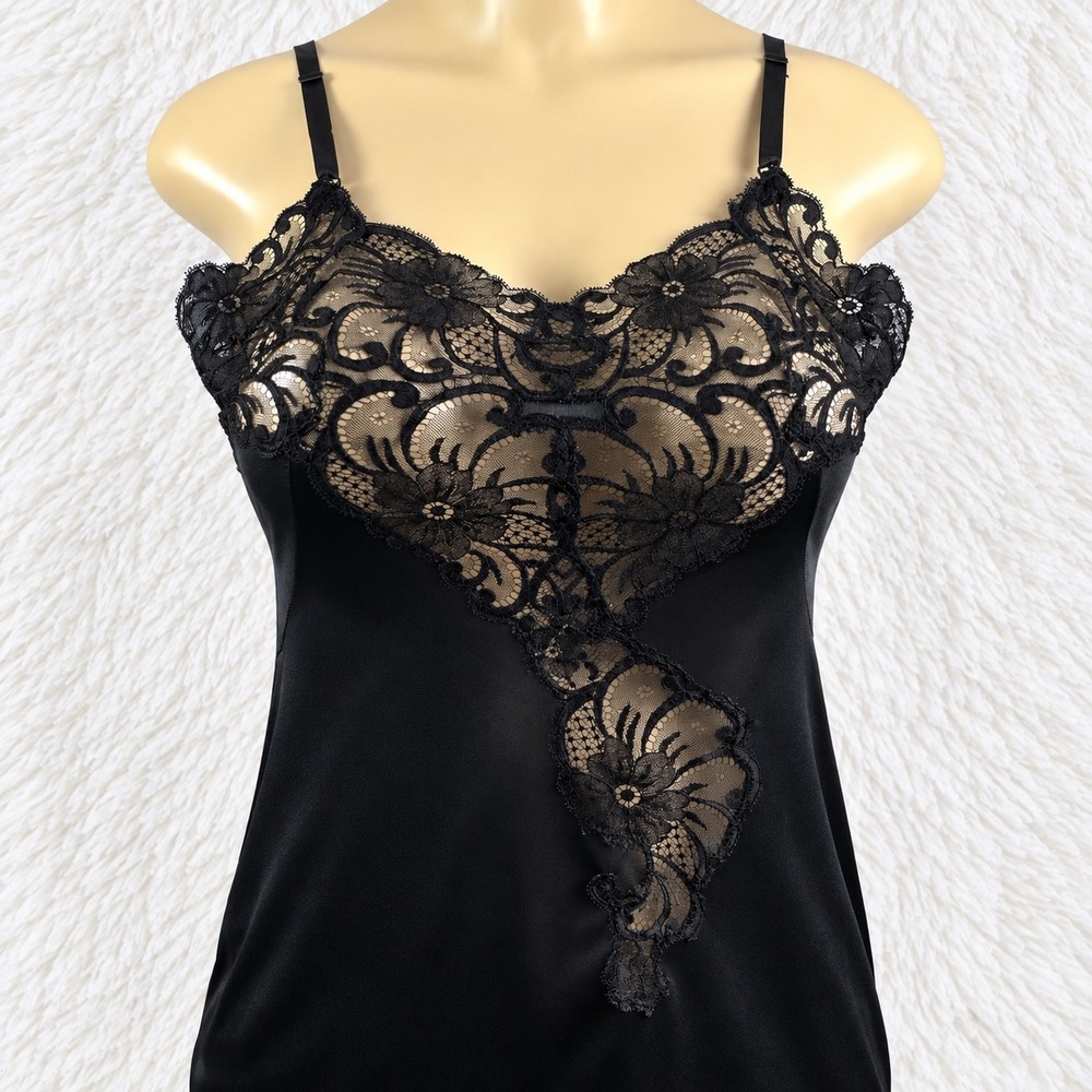 Vintage Orlfa Black Satin Lace Slip Nightgown Size 38